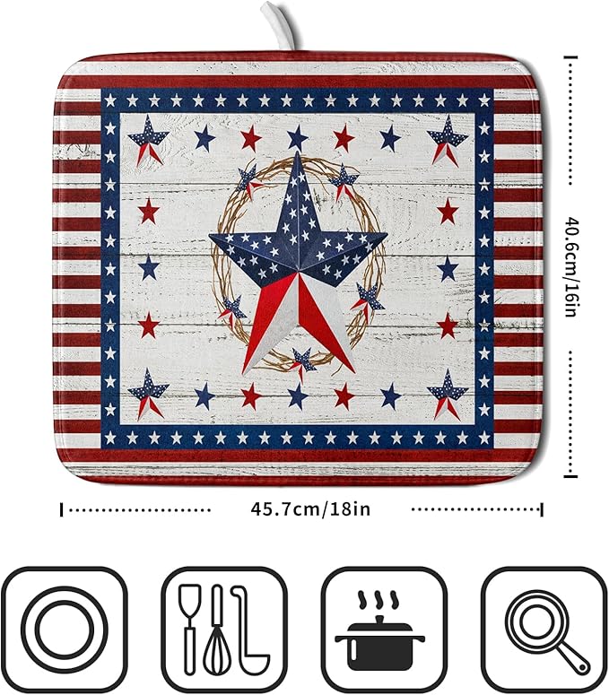 Giwawa Patriotic Stars Dish Drying Mat 4th of July America Star Wreath Dish Drainer Mats for Kitchen Countertop 16"x18" Rustic Independence Day Reversible Dish Drying Pad Small Decor