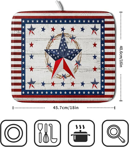 Giwawa Patriotic Stars Dish Drying Mat 4th of July America Star Wreath Dish Drainer Mats for Kitchen Countertop 16"x18" Rustic Independence Day Reversible Dish Drying Pad Small Decor