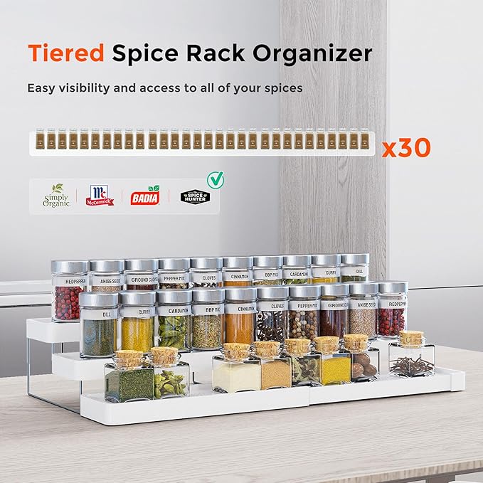2 Pack Expandable Spice Rack Organizer for Cabinet - 3 Tier Adjustable Cabinet Spice Organizer Easy Visibility - Spice Organizer for Cabinet Countertop Cupboard Pantry Organization (White) - Image 3
