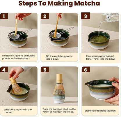 Matcha Whisk Set, Ceramic Matcha Kit Desert Style, Matcha Whisk and Bowl, Bamboo Scoop and Rest, Sifter and Tea Towel, 7 Pcs Gifts for Matcha Lover - Dark Green