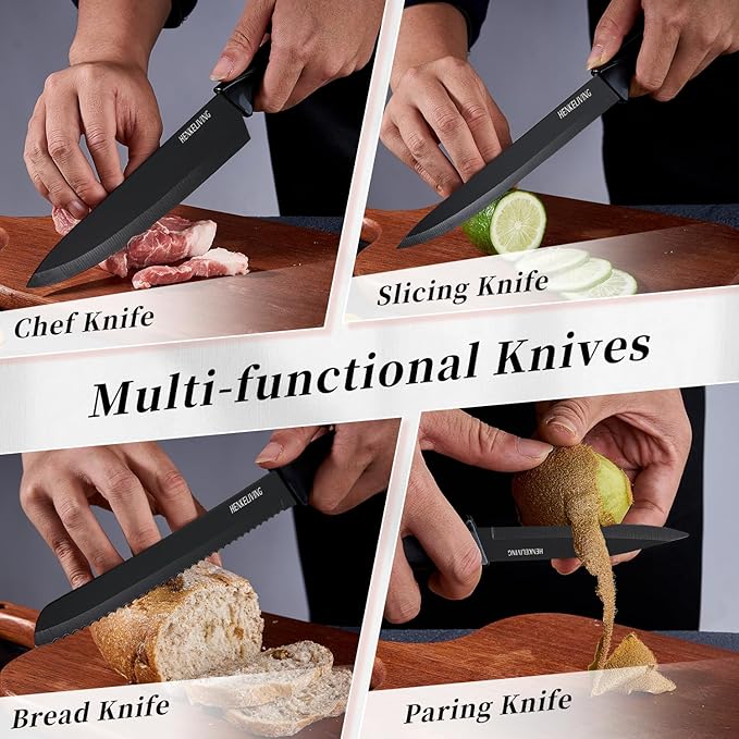 Knife Set, 14-Piece Kitchen Knives Set with Block, Built-in Sharpener, German High Carbon Stainless Steel, Ergonomic Non-Slip Handles, Black - Image 6