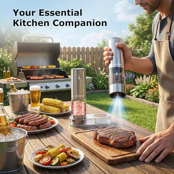 Bonsenkitchen Electric Salt and Pepper Grinder Set Rechargeable, 95ml Large Capacity Salt Shaker with LED Light, USB-C Fast Charging Automatic Pepper Mill with 5 Adjustable Coarseness for Kitchen, BBQ - Image 8