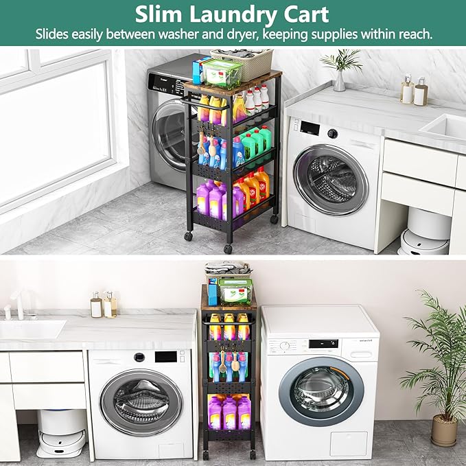 Vivihomety Utility Slim Storage Cart with Wheels, 4-Tier Narrow Rolling Organizer Shelf with Wood Top, Metal Storage Rack and Space-Saving Organizer for Bathroom, Kitchen, Laundry Room, Small Spaces - Image 4