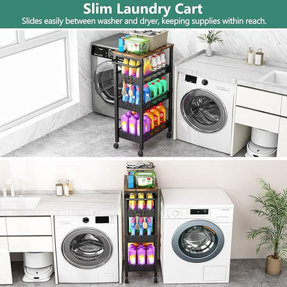 Vivihomety Utility Slim Storage Cart with Wheels, 4-Tier Narrow Rolling Organizer Shelf with Wood Top, Metal Storage Rack and Space-Saving Organizer for Bathroom, Kitchen, Laundry Room, Small Spaces - Image 4