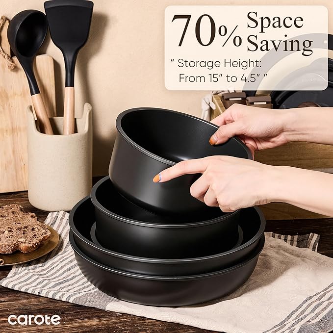 CAROTE 19pcs Pots and Pans Non Stick, Cookware Sets Detachable Handle, Induction Kitchen Pots and Pans,NonStick Cooking Set, Oven/Dishwasher/Fridge Safe, Space Saving - Image 4