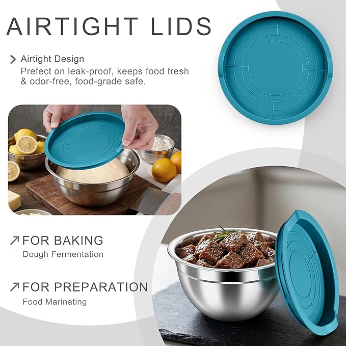 HaWare Mixing Bowls with Airtight Lids, 6-Piece Stainless Steel Salad Bowls, Strong Nesting Bowls for Cooking, Prepping, Baking, Serving & Food Storage, Stackable Design, Size 4.6, 3, 1.5QT, Teal Blue - Image 3