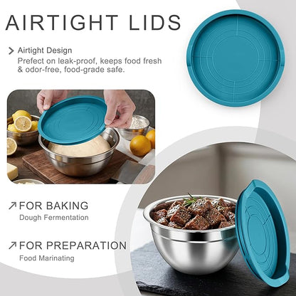 HaWare Mixing Bowls with Airtight Lids, 6-Piece Stainless Steel Salad Bowls, Strong Nesting Bowls for Cooking, Prepping, Baking, Serving & Food Storage, Stackable Design, Size 4.6, 3, 1.5QT, Teal Blue - Image 3