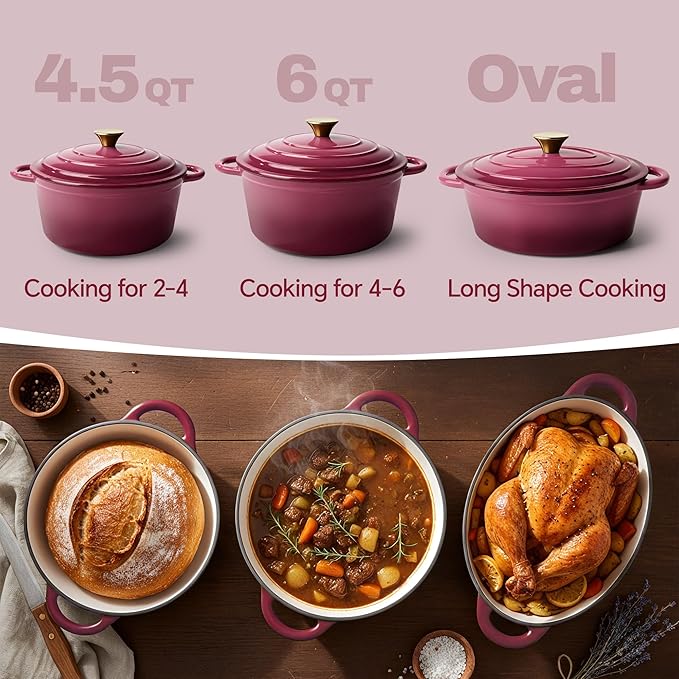 Vintage Style Oval Dutch Oven for Bread Baking, 4.5 Quart Non Stick Enameled Cast Iron Dutch Oven Pot with Lid, Oven Safe Oval Casserole with Lid up to 500°F for Baking, Braising, Stews, Roasting, Rose - Image 3