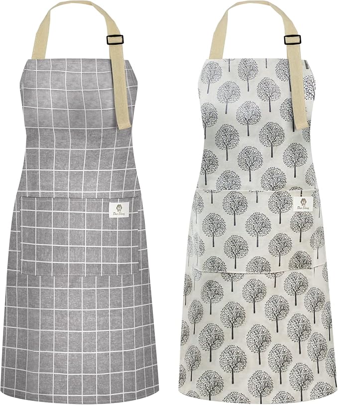 NLUS 2 Pack Waterproof Cooking Aprons, Adjustable Bib Soft Chef Apron with 2 Pockets for Men Women (Gray Stripe/Gray Trees) by NLUS