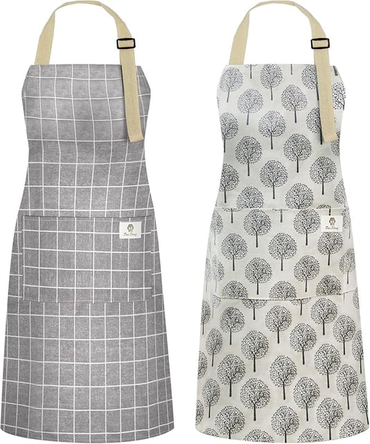 NLUS 2 Pack Waterproof Cooking Aprons, Adjustable Bib Soft Chef Apron with 2 Pockets for Men Women (Gray Stripe/Gray Trees) by NLUS