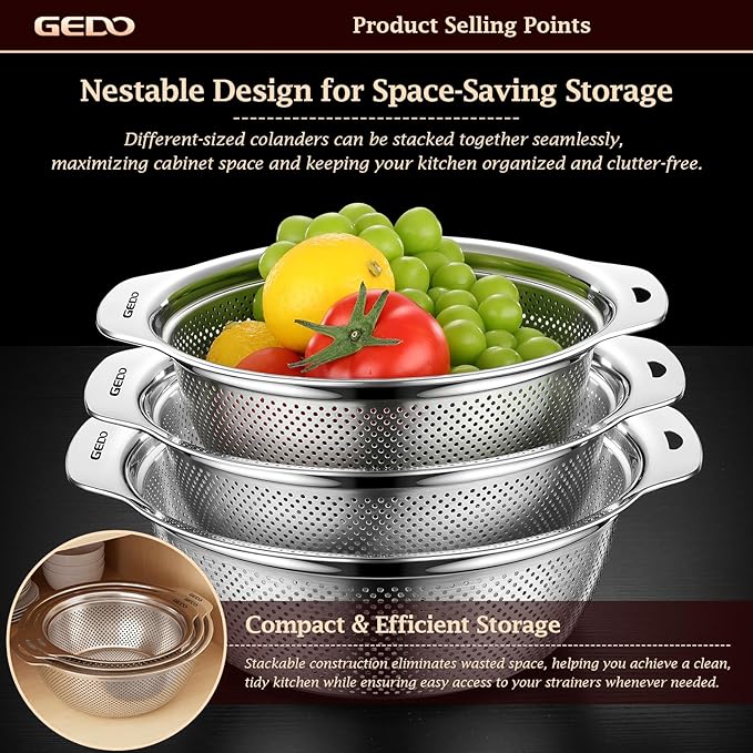 GEDO 304 Stainless Steel Colander Set, 3 Pack Kitchen Food Strainer with Handles, Nestable Metal Colanders for Washing Vegetables Fruits, Draining Pasta, Rinsing Rice, Dishwasher Safe Sink Strainer