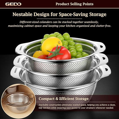 GEDO 304 Stainless Steel Colander Set, 3 Pack Kitchen Food Strainer with Handles, Nestable Metal Colanders for Washing Vegetables Fruits, Draining Pasta, Rinsing Rice, Dishwasher Safe Sink Strainer