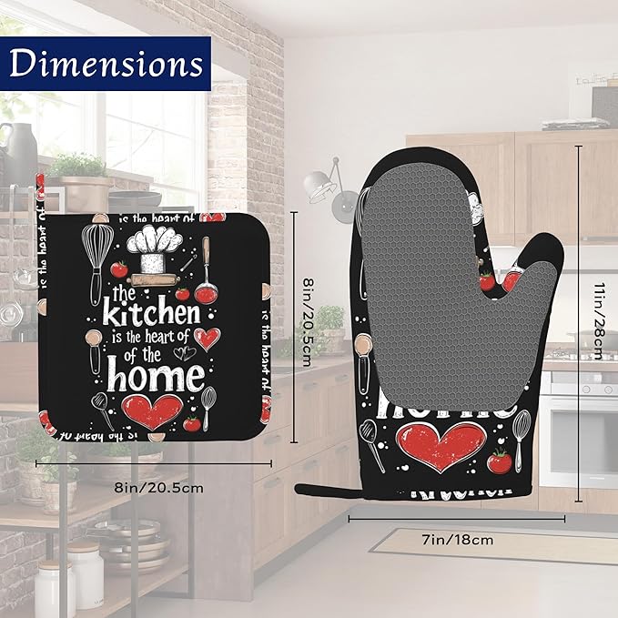 Funny Oven Mitts and Pot Holders Sets of 4 The Kitchen is The Heart of The Home Heat Resistant Silicone Oven Mits Gloves Non-Slip Kitchen Mittens Potholders for Cooking Baking Grilling BBQ