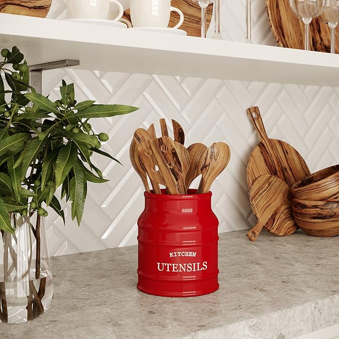 Barnyard Designs Ceramic Farmhouse Utensil Holder for Kitchen Counter, Large Rustic Utensil Crock, Countertop Cooking Tool Spatula Organizer, 6.75” (Red) - Image 6
