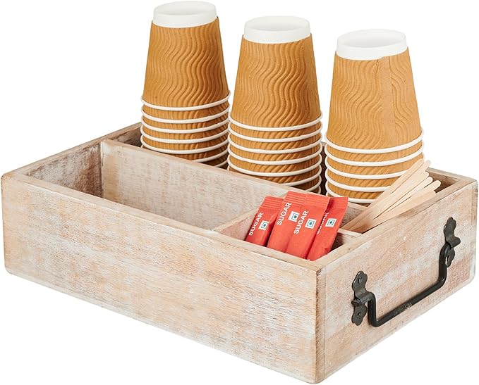 Coffee Station Organizer, Bar Farmhouse Cup Coffee Pod Holder with Handle, Storage Bin for Coffee Tea Bag Stirrer Accessories Organizer for Countertop (White)