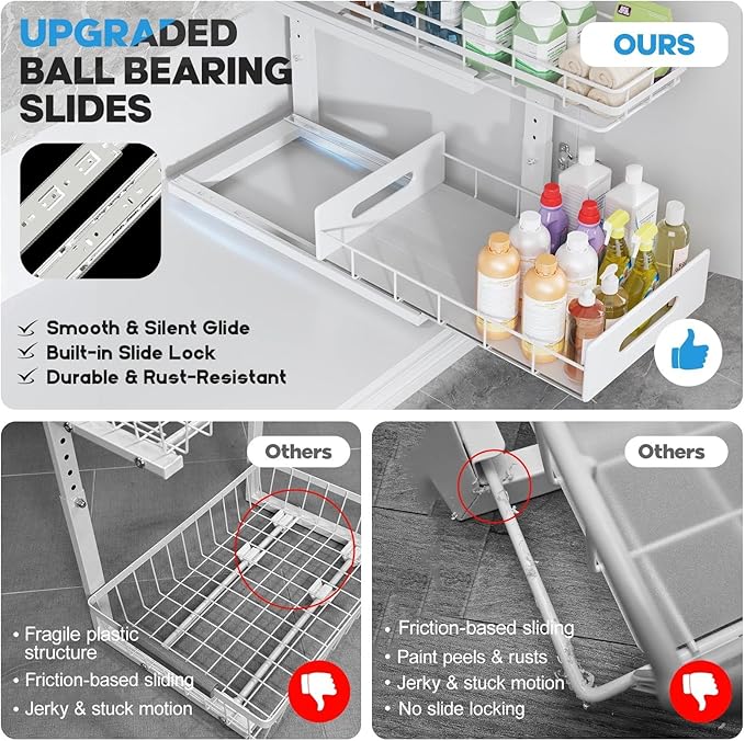 Under Sink Organizer Upgrade To Professional Rails,2-Tier Dual Pull Out Cabinet Storage,Height Adjustable Slide Out Drawers For Bathroom Kitchen,2 Pack-16.7"Dx12.8"-16.9"H,White - Image 3
