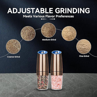 UNNEES Gravity Electric Salt and Pepper Grinder set of 2, Automatic Salt And Pepper Grinder Set, Adjustable Roughness, Battery Powered, LED Light, 2 Pack, (Copper) - Image 3