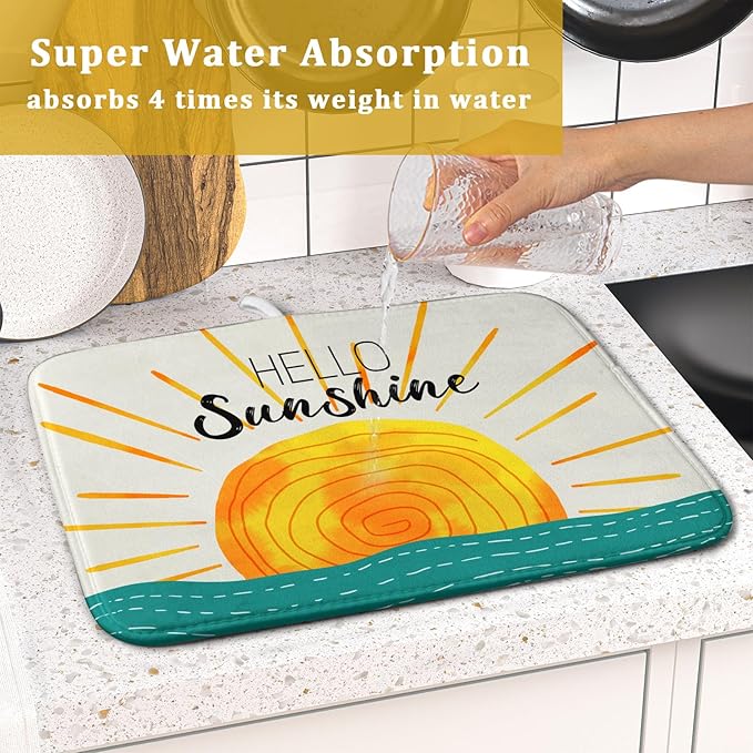Summer Seaside Sunset over Sea Dish Drying Mat for Kitchen Counter,Hello Sunshine Drying Mat 16 x 18 Inch with Absorbent Reversible Microfiber Drying Pad for Coffee Bar - Image 7