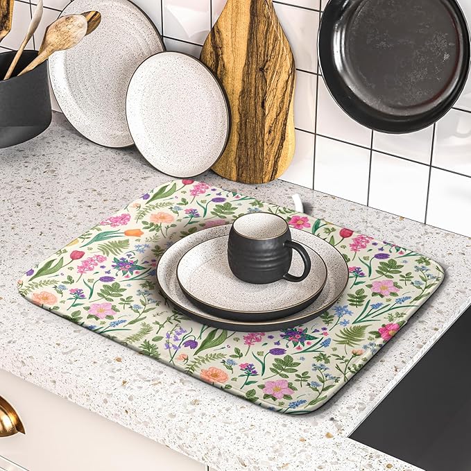 Spring Floral Dish Drying Mat for Kitchen Counter 16x18 Pink Sage Green Flower Vintage Botanical Print Absorbent Reversible Microfiber Drying Mats Kitchen Countertop Protector Dishes Drainer Rack Pad - Image 5