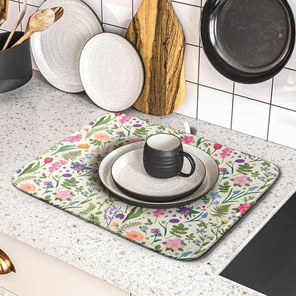 Spring Floral Dish Drying Mat for Kitchen Counter 16x18 Pink Sage Green Flower Vintage Botanical Print Absorbent Reversible Microfiber Drying Mats Kitchen Countertop Protector Dishes Drainer Rack Pad - Image 5