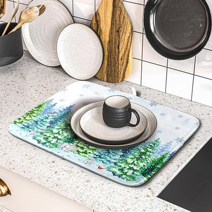 Watercolor Winter Dish Drying Pad Forest Kitchen Mat for Counter for Home Season Decor - Image 5