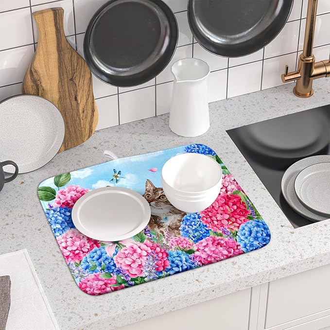 Hydrangea Floral Dish Drying Mat Cute Cat Microfiber Absorbent Dish Drying Pad for Kitchen Counter 16 X 18 - Image 6