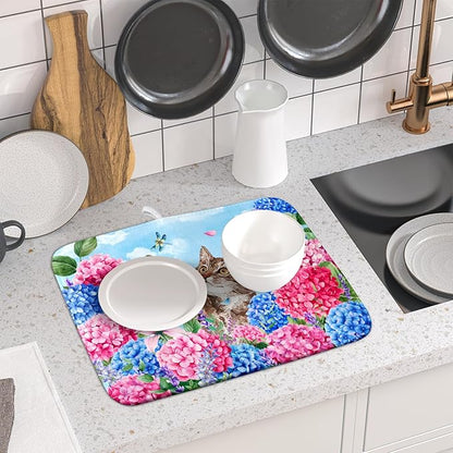 Hydrangea Floral Dish Drying Mat Cute Cat Microfiber Absorbent Dish Drying Pad for Kitchen Counter 16 X 18 - Image 6