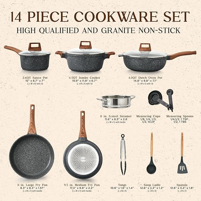 Bakken-Swiss 14-Piece Kitchen Cookware Set – Granite Non-Stick – Eco-Friendly – PFOA, PFOS, and PTFE Free for All Stoves & Oven-Safe - Marble coatin - Image 2