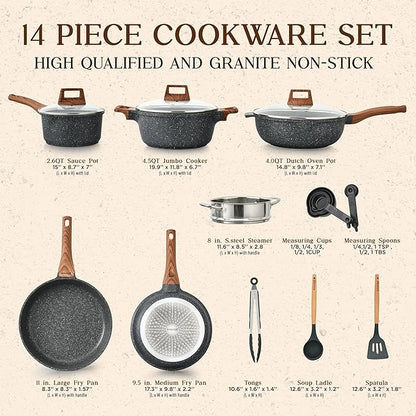 Bakken-Swiss 14-Piece Kitchen Cookware Set – Granite Non-Stick – Eco-Friendly – PFOA, PFOS, and PTFE Free for All Stoves & Oven-Safe - Marble coatin - Image 2