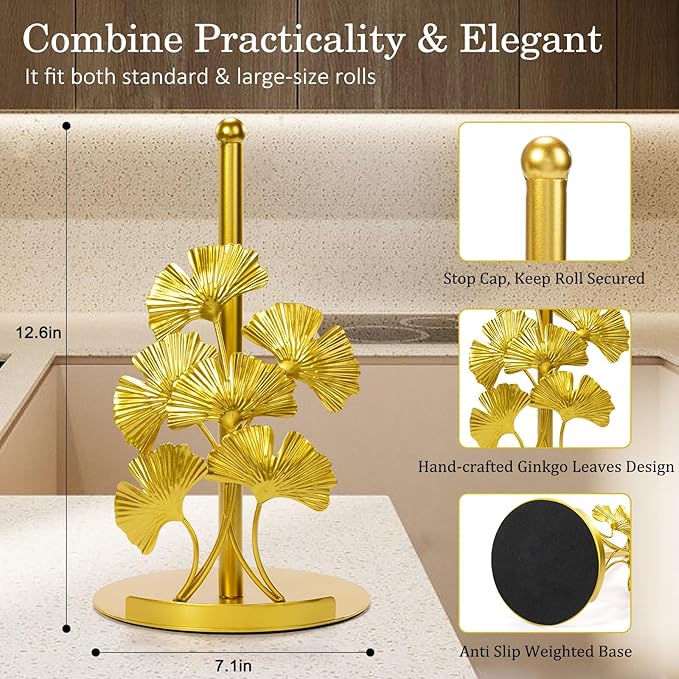 Vintage Gold Ginkgo Paper Towel Holder Countertop - Gold Kitchen Decor and Accessories, Luxury Housewarming Gifts for Women, 3D Ornate Leaf Textured, Retro Design Home Decor, Weighted Base & Felt Pad - Image 3