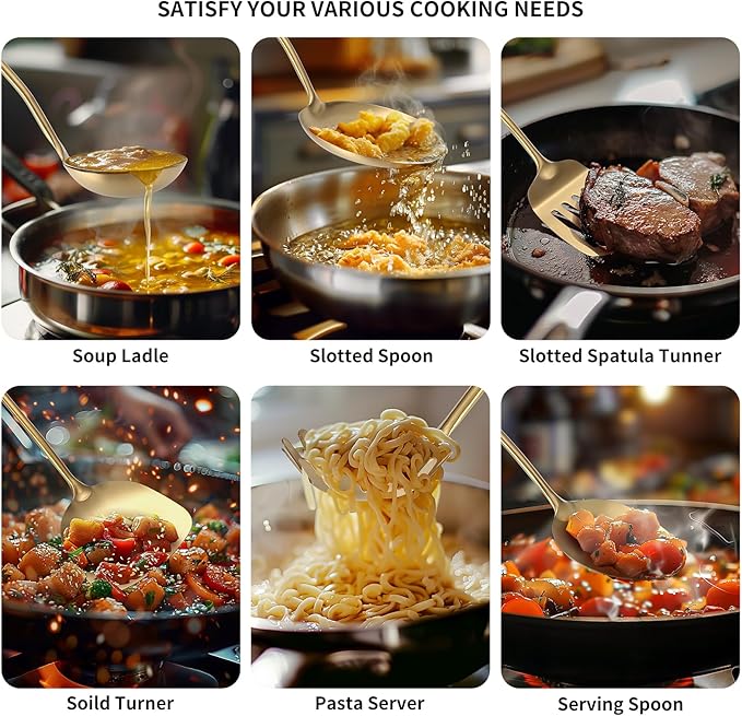 304 Stainless Steel Cooking Utensil,Kitchen Utensil with Spatula, Solid Spoon, Ladle, Skimmer, Spaghetti Spoon, 6 Piece Set, Dishwasher Safe(Gold) - Image 4