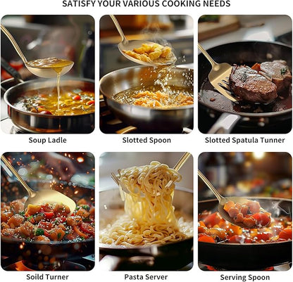 304 Stainless Steel Cooking Utensil,Kitchen Utensil with Spatula, Solid Spoon, Ladle, Skimmer, Spaghetti Spoon, 6 Piece Set, Dishwasher Safe(Gold) - Image 4
