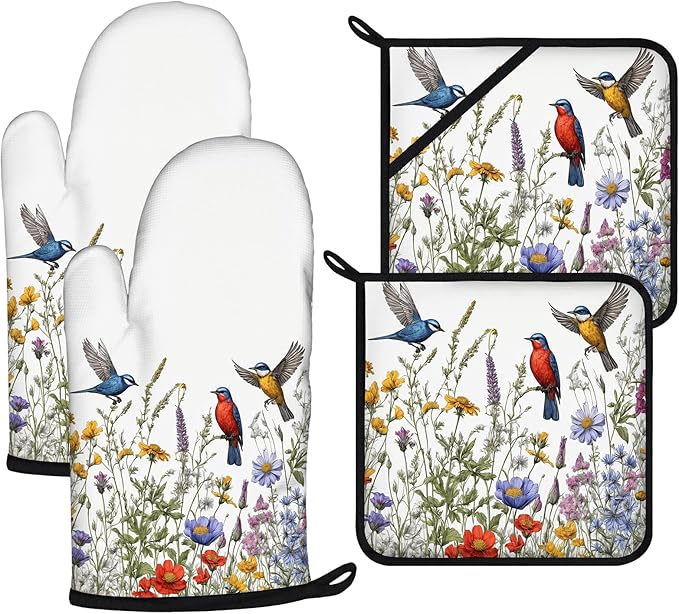 Wildflowers Birds Oven Mitts and Pot Holders Sets 4Pcs,Extra Long Oven Gloves Potholder for Kitchen Cooking Baking BBQ 100% Cotton Heat Resistant by VisittheDuibelproduct