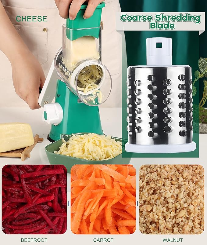 Ourokhome Rotary Cheese Grater Hand Crank, Kitchen Shredder Speed Mandolin Slicer Nut Grinder with Handle and Drum Blades for Cheese, Vegetable, Walnut, Chocolate, Potato, Carrot, 3 Blades, Emerald - Image 4