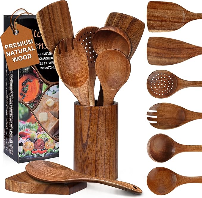 Unokit Cooking Utensils Set for Kitchen - 8 Piece Nonstick Natural Teak Wooden Spoons for Cooking, Comfort Grip Kitchen Utensils Set, Teak Wooden Utensil Set with Holder and Spoon Rest by Unokit