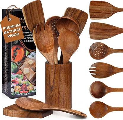 Unokit Cooking Utensils Set for Kitchen - 8 Piece Nonstick Natural Teak Wooden Spoons for Cooking, Comfort Grip Kitchen Utensils Set, Teak Wooden Utensil Set with Holder and Spoon Rest by Unokit