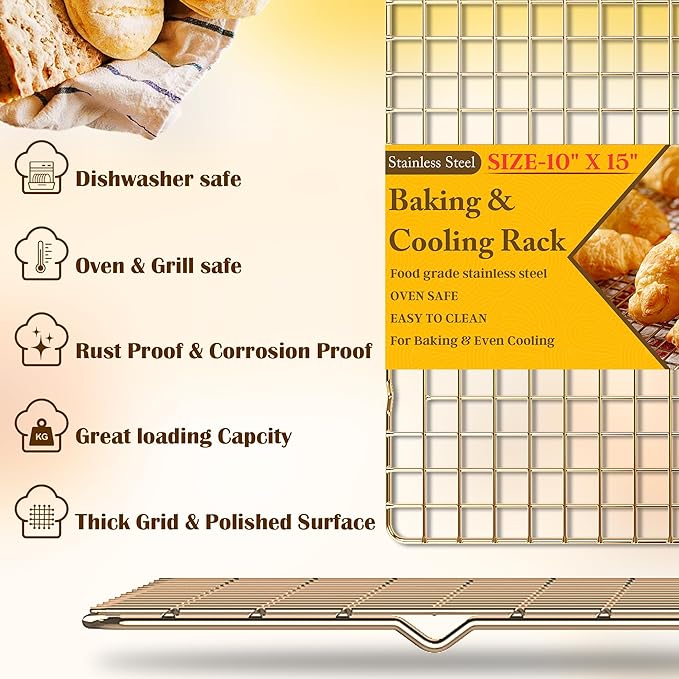 2-Pack Cooling Racks for Cooking and Baking - 10" x 15"Heavy Duty Stainless Steel Wire Rack for Baking, Grilling, Roasting - Oven & Dishwasher Safe - Fits Jelly Roll Sheet Pan（Gold） - Image 2