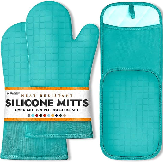 BPA-Free Soft Silicone 4 Piece Oven Mitts & Pot Holders Set - Ultra Heat Resistant Oven Mitts with Thick Cotton Liner - Long Slip Resistant Pot Holders, Flexible Oven Gloves - Aqua by HOMWE