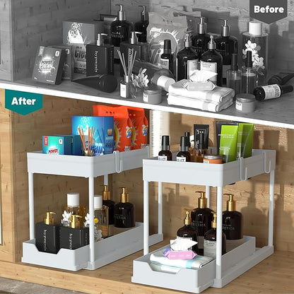 DEKAVA Cabinet, 2 Pack Under Sink Organizer, 2 Tier Sliding Bathroom Kitchen Organizer, Large White ABS Baskets, Easy Install & Clean - Image 4