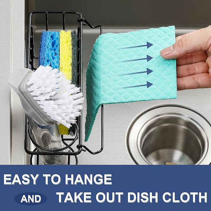 3-In-1 Sponge Holder for Kitchen Sink, 2 Type Suspension Options (Suction Cups & Adhesive Hook), Hanging Sink Caddy Organizer Rack - Sponge, Dish Cloth, Brush, Scrubber, 304 Stainless Steel - Black - Image 4