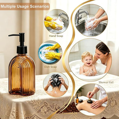 Black Pump Glass Soap Dispenser, 12oz Brown Stripe Countertop Refillable Liquid Bottle Hand Dish Lotion Dispenser with Plastic Pump, for Kitchen, Bathroom Countertop