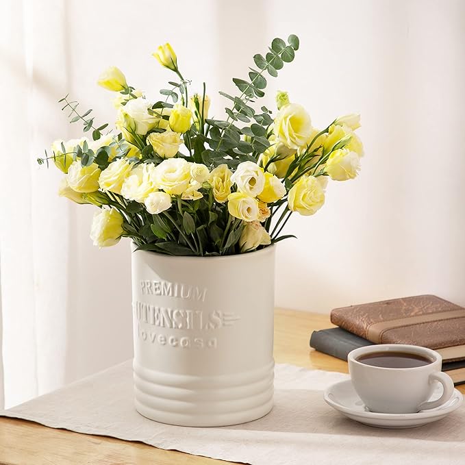 LOVECASA Vintage Utensil Holder for Kitchen Countertop, 7.2” Large Ceramic Utensil Crock for Home Décor, Farmhouse Utensil Vase for Housewarming, Wedding, Birthday Gift - Cream White - Image 8