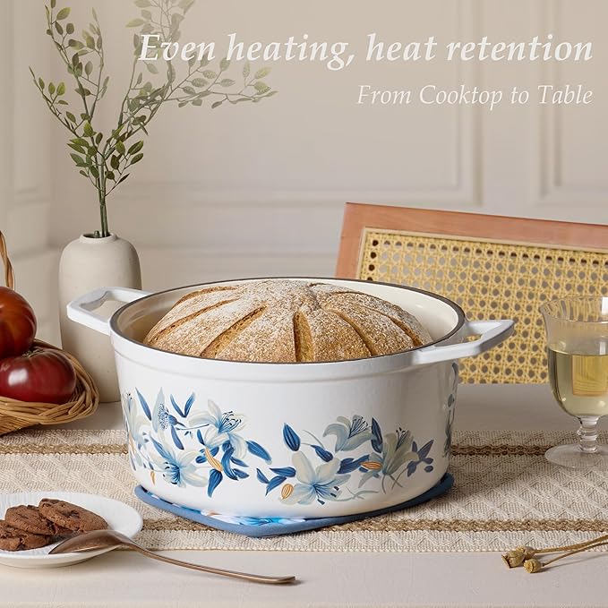 CAROTE 7QT Cast Iron Dutch Oven Pot with Lid, Enameled Floral Dutch Ovens with Cotton Potholders & Oven Gloves, Versatile Heavy-Duty Cookware for Sourdough Bread Baking, Braising, Stews, All Stovetop Compatible, Oven Safe up to 500° F, White & Blue - Image 3