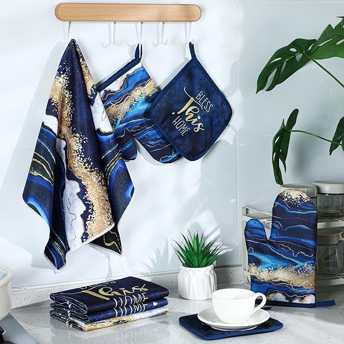 Leinuosen 8 Pcs Blue Marble Kitchen Decor Dish Towels and Oven Mitts Sets Pot Holders and Dishcloths Farmhouse Kitchen Accessories Decorative Set for Chef Baking Cooking Daughter Mom Gift