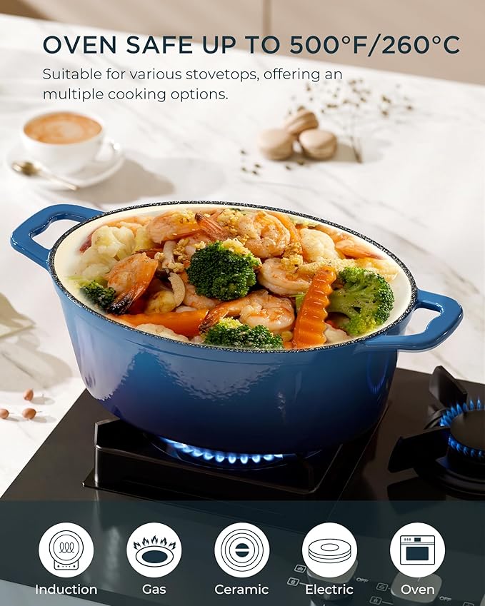 Enameled Cast Iron Dutch Oven - 9.3QT Dutch Oven Pot with Lid & Cotton Potholders - Heavy-Duty Non Stick Casserole Pot for Braising, Stews, Roasting, Baking, Suitable for All Stovetops, Navy Blue - Image 6