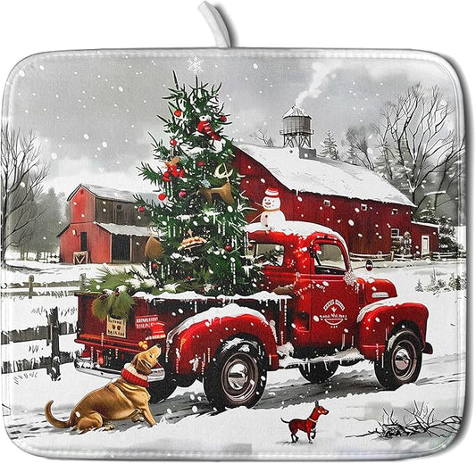 Christmas Red Truck Dish Drying Mat for Kitchen Counter 16x18 Inch Xmas Tree Snowman Dog Winter Print Absorbent Reversible Microfiber Drying Mats Kitchen Countertop Protector Dishes Drainer Rack Pad by Aytipun