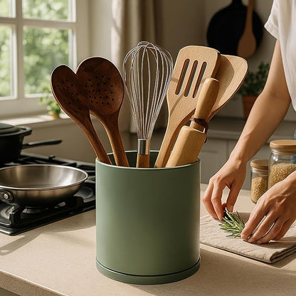 D'vine Dev 360° Rotating Utensil Holder – 7.2" Kitchen Utensil Crock for Countertop, Modern Cooking Tool Organizer for Kitchen Storage & Décor, Olive, 72-X-C-2