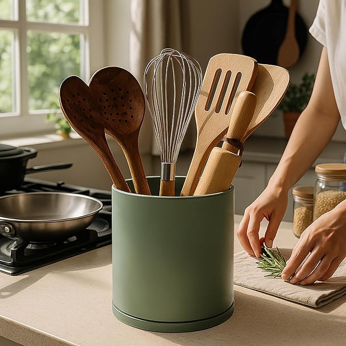 D'vine Dev 360° Rotating Utensil Holder Set – 7.2"+5" Kitchen Utensil Crocks for Countertop, Modern Cooking Tool Organizers for Kitchen Storage +Décor, Olive, Set of 2, 72-Z-C-1 - Image 2