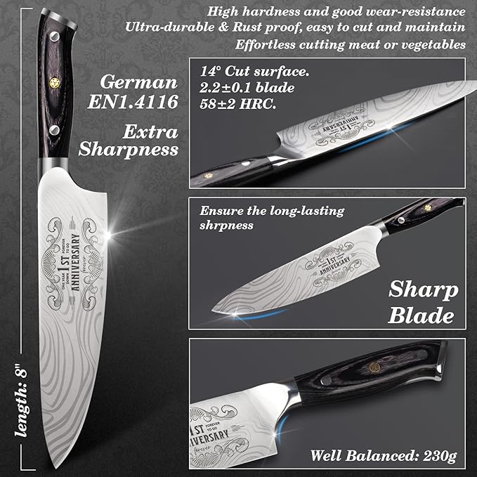 Funistree 1 Year Anniversary Paper Gifts for Boyfriend, 1st Anniversary Present for Men Him Husband, 8 inch Pro German Chef Knife, One Year Kitchen Knife Gift Set, Best First Year Birthday Him Gifts
