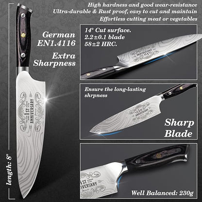 Funistree 1 Year Anniversary Paper Gifts for Boyfriend, 1st Anniversary Present for Men Him Husband, 8 inch Pro German Chef Knife, One Year Kitchen Knife Gift Set, Best First Year Birthday Him Gifts